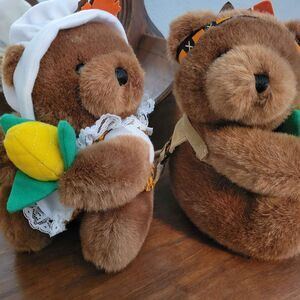 Vintage A&A Plush Thanksgiving Bears Indian Pilgrim 7" Stuffed Animals